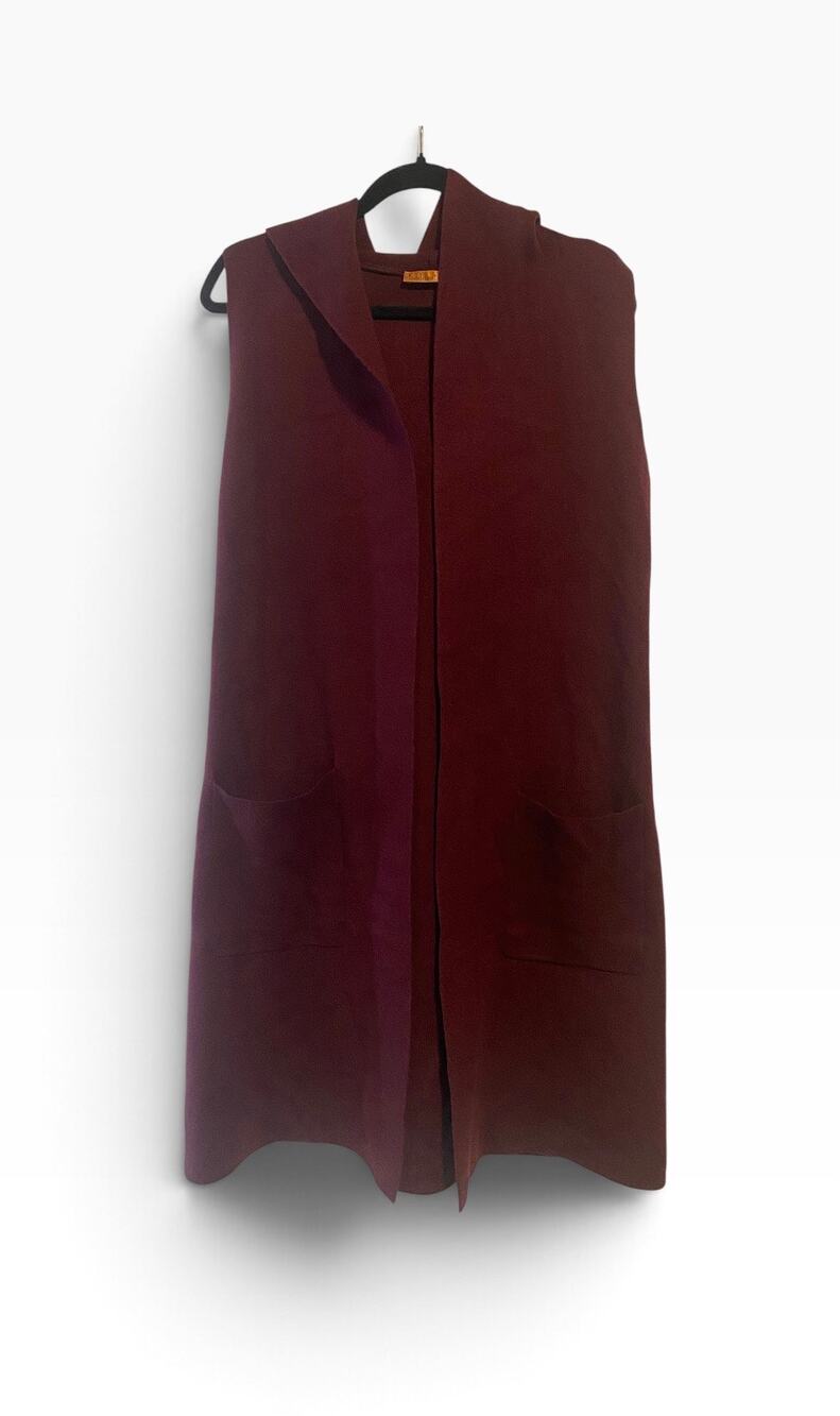 Belldini Women’s S Burgundy Long Hooded Sweater Vest Duster Open Front Pockets